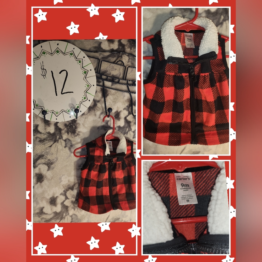 Carters 9 month Red Black Plaid Fleece Sherpa Collar Christmas Unisex Girls Boy